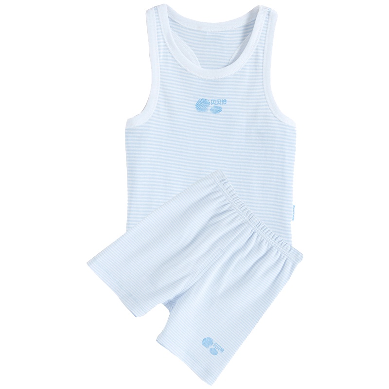 贝贝怡婴儿衣服夏男女宝宝背心条纹套装薄款透气儿童家居服BB8002