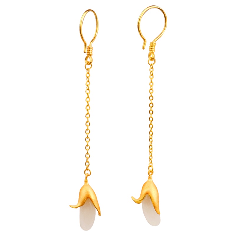 梦克拉 Mkela 3d硬金黄金耳环金镶玉耳坠 长款 白小金系列之幸福香蕉成双对 耳饰 黄金 足金