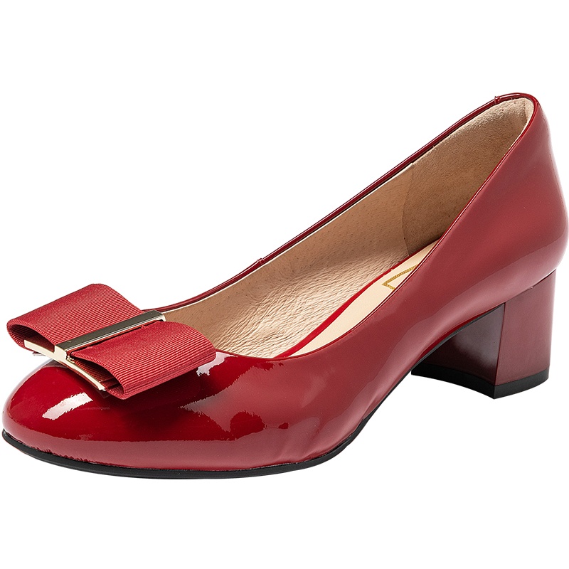 百田森秋季新款经典圆头蝴蝶结扣粗跟单鞋真皮女鞋外穿