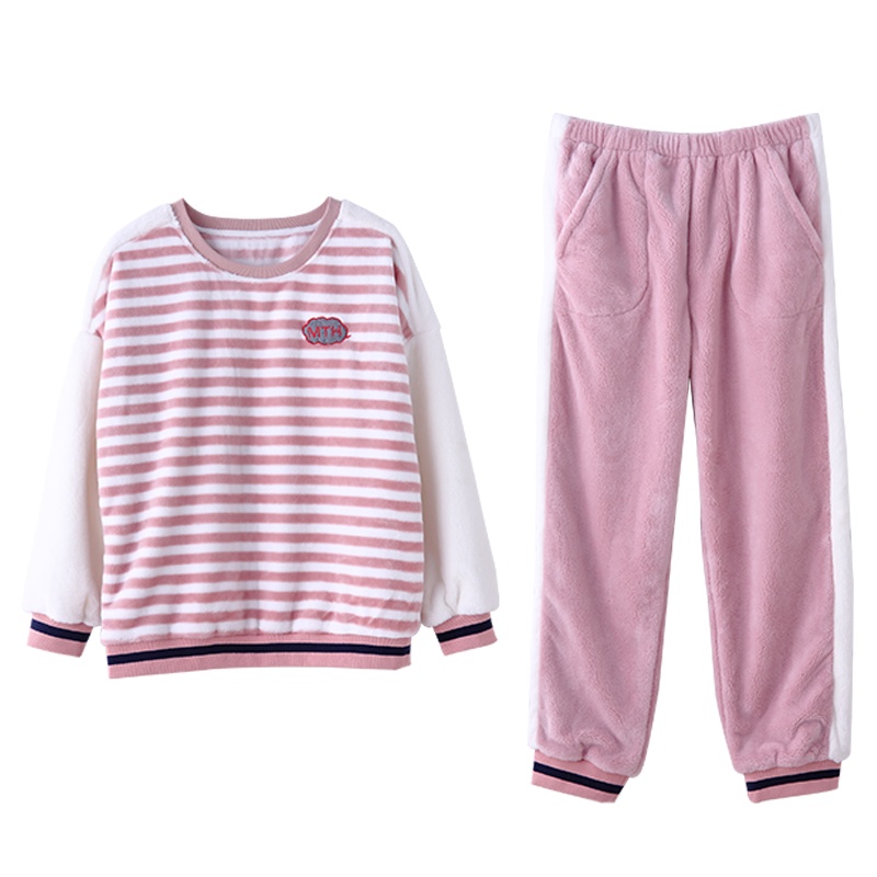 安之伴冬季情侣睡衣长袖条纹加厚珊瑚绒可爱保暖女士家居服