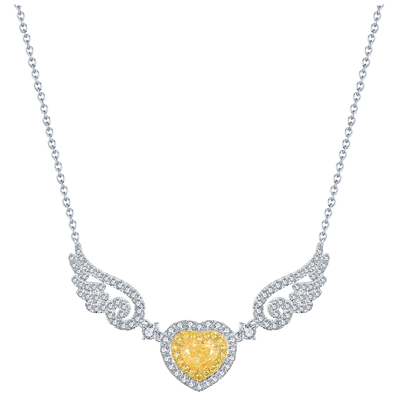 佐卡伊 18k金天使之翼钻石项链女心形GIA黄钻爱心翅膀群镶锁骨链