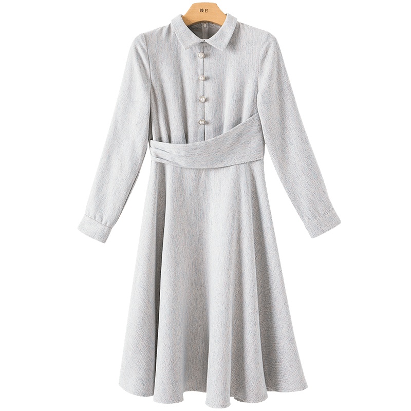 晚白2020冬季新品简约纯色娃娃领长袖修身显瘦A字衬衫打底连衣裙女