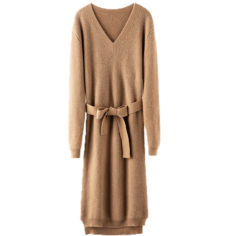 恒源祥女士羊绒衫2020新款秋冬V领羊绒衫女针织打底衫过膝长款毛衣