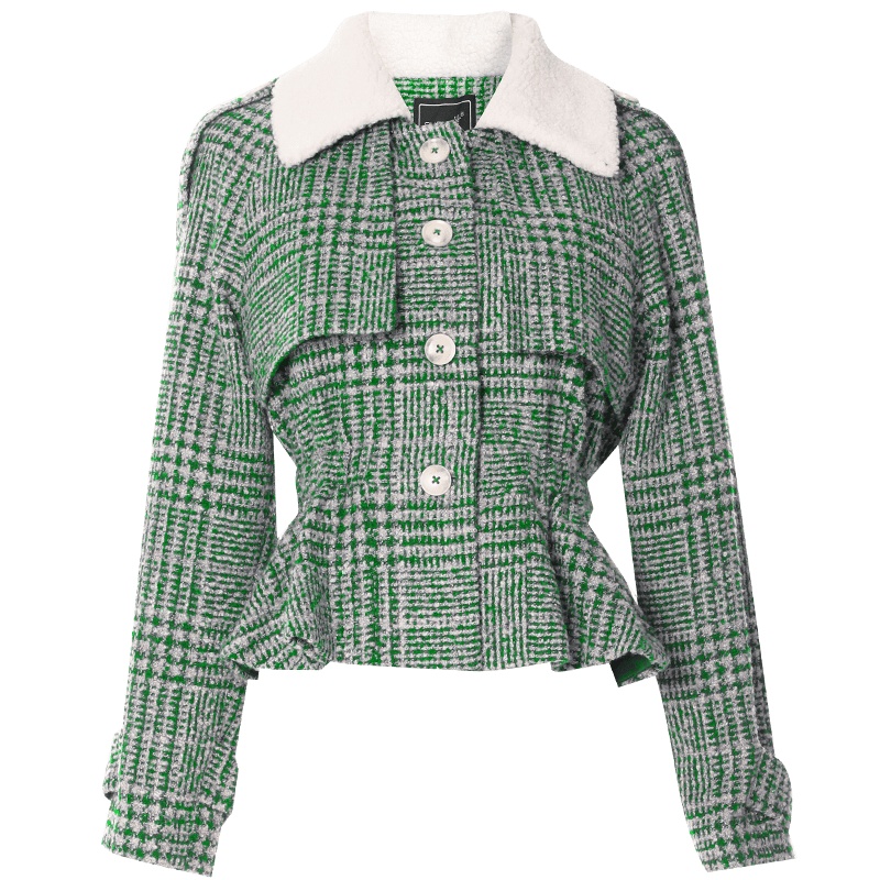 欧昵雪秋冬季收腰荷叶边短款毛呢外套女修身呢子大衣