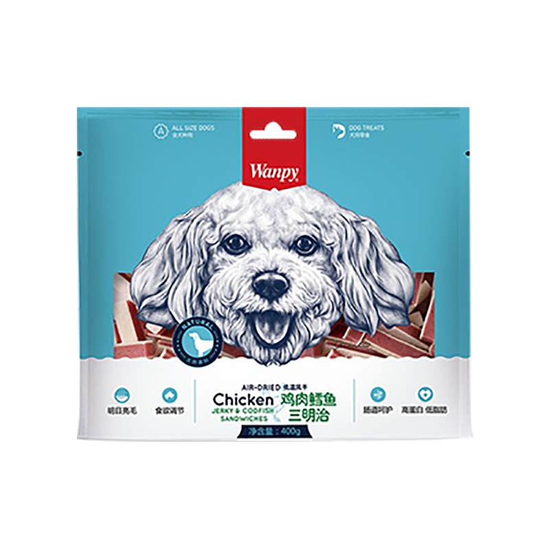 Wanpy顽皮狗零食犬用鸡肉鳕鱼三明治400g训狗奖励零食狗狗肉干肉片磨牙
