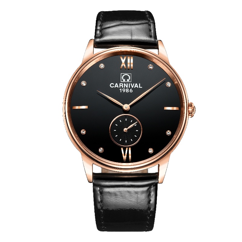 嘉年华8708G 瑞士品牌新薄款商务男士防水手表石英表 8708G 间金黑面皮带