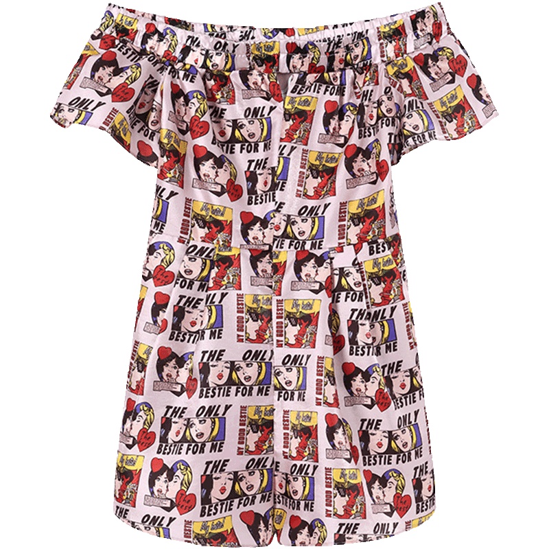 马克华菲女装2019夏新款chic印花一字肩短袖连衣裙初恋裙卡通裙子