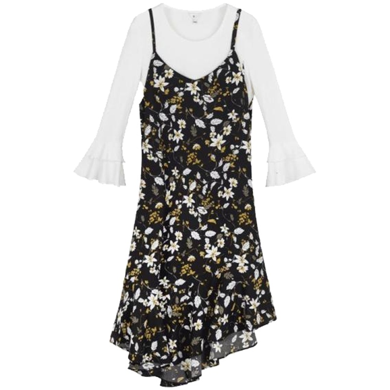 【热卖】碎花雪纺连衣裙女2019春秋新款韩版宽松中长款针织不规则吊带裙子70009662