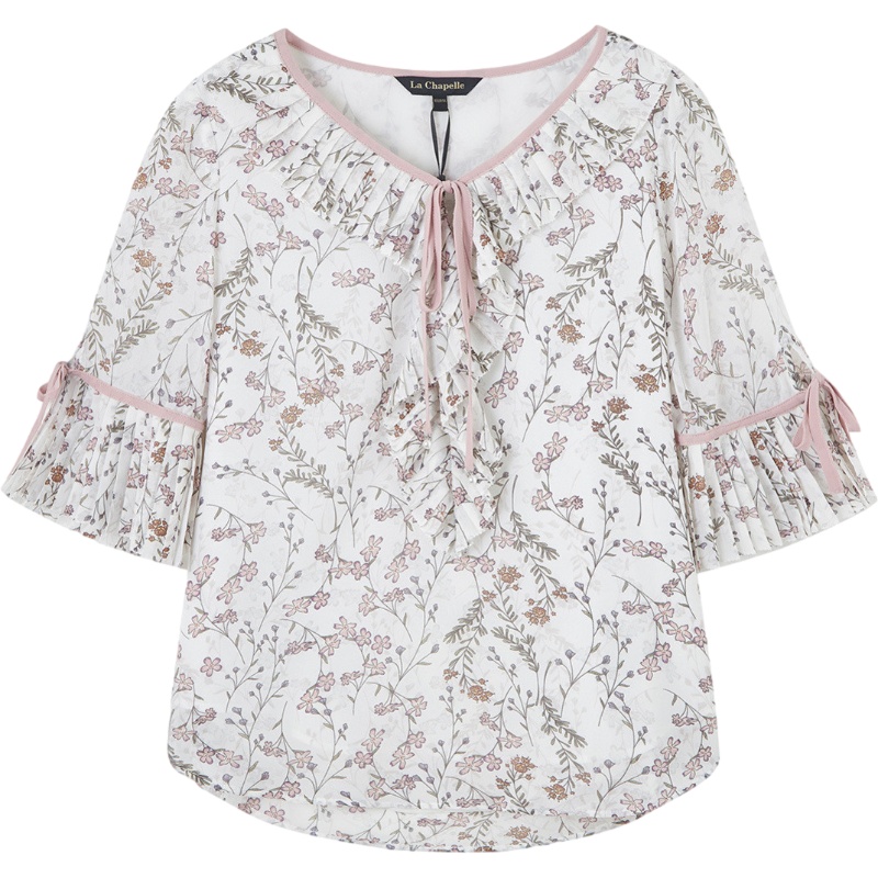 拉夏贝尔印花雪纺衬衫女新款夏季设计感小众碎花蝴蝶结甜美衬衣仙ins