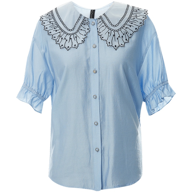 欧昵雪夏季时尚绣花娃娃领宽松衬衫女iins小众喇叭袖上衣