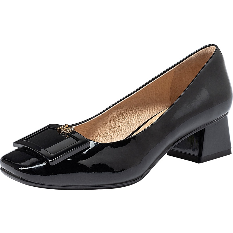 百田森秋季新款粗跟单鞋女方头大方扣真皮女鞋中跟气质单鞋