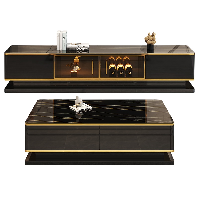 趣阁木业 电视柜 钢化玻璃茶几电视柜组合 轻奢岩板电视柜 客厅简约现代储物地柜 小户型木质茶几套装家用