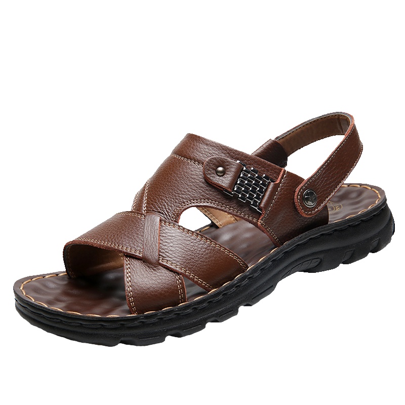 牧伦奴仕(MULUNUSHI)新款夏季沙滩鞋男士凉鞋透气耐磨拖鞋皮凉鞋头层牛皮(除牛反绒)两用凉拖鞋青年男鞋棕10888