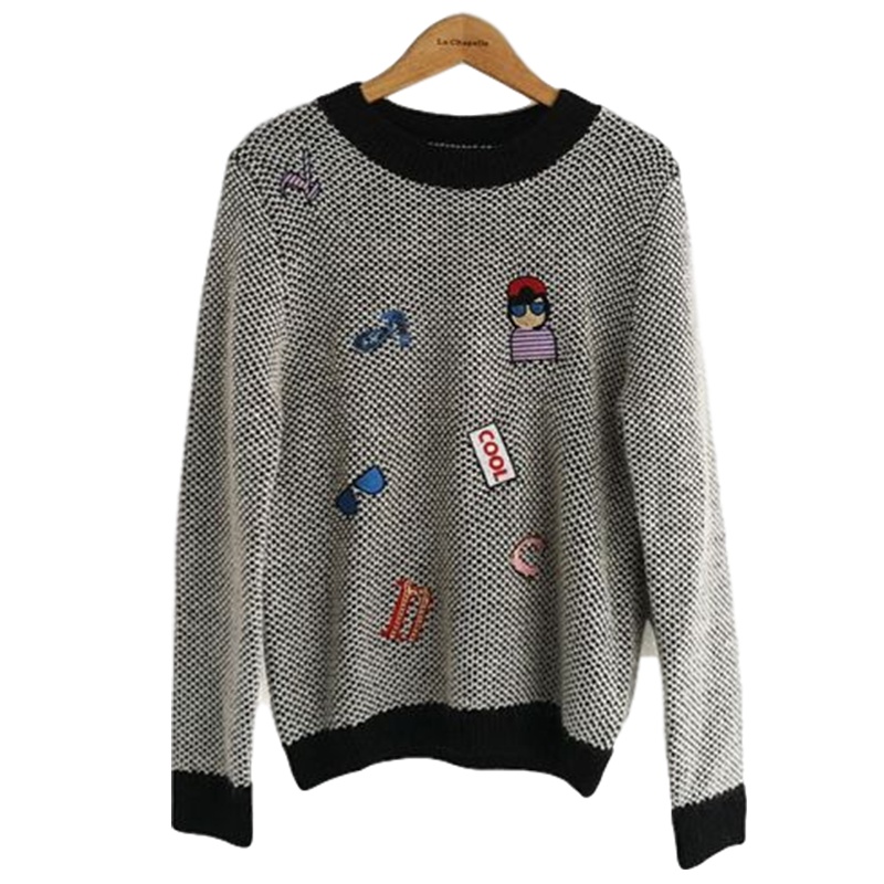 【福利款】拉夏贝尔Candie's毛衣女秋冬女装新款通勤简约绣花贴布圆领针织衫