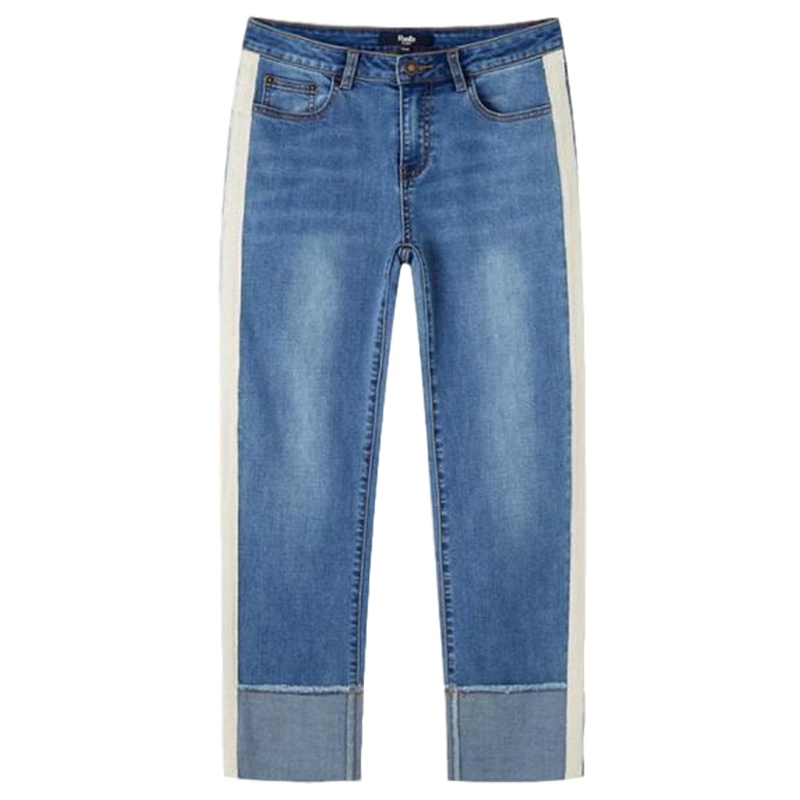 拉夏贝尔夏新款女装修身显瘦直筒九分裤侧边条纹裤子牛仔裤