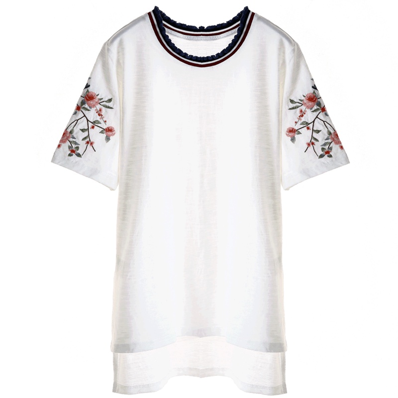 裂帛不规则下摆短袖新款夏装圆领刺绣宽松百搭半袖上衣T恤