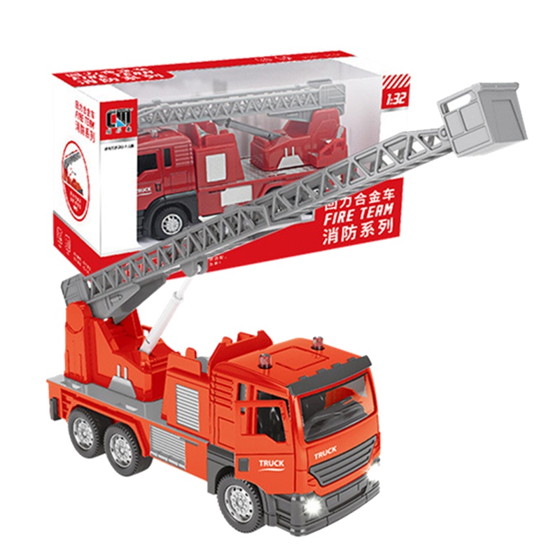 成乐美仿真消防工程合金回力车儿童灯光音乐惯性环卫开门玩具男孩(CLM-11K消防系列消防车云梯车)