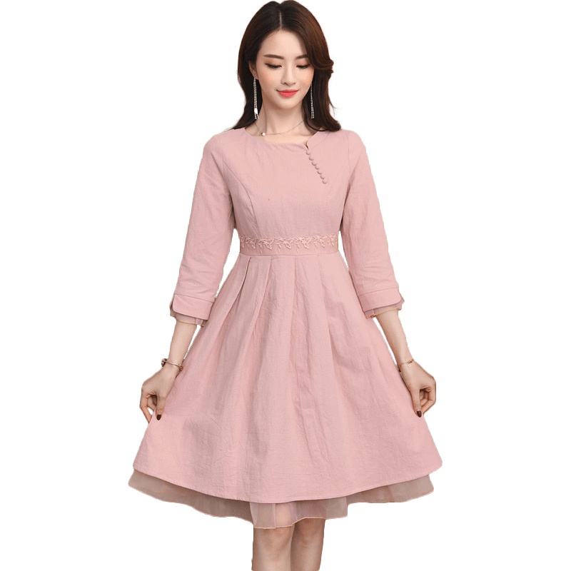 丝柏舍2019女装秋装圆领七分袖纯色淑女中长连衣裙S81R0655L