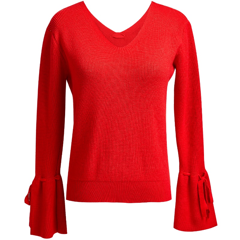 欧昵雪套头V领蝴蝶结喇叭长袖显瘦针织衫女毛衣