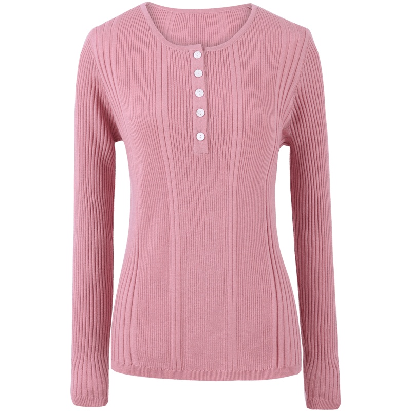 恒源祥圆领针织衫女长袖2020春季套头修身上衣纯色纽扣装饰打底衫