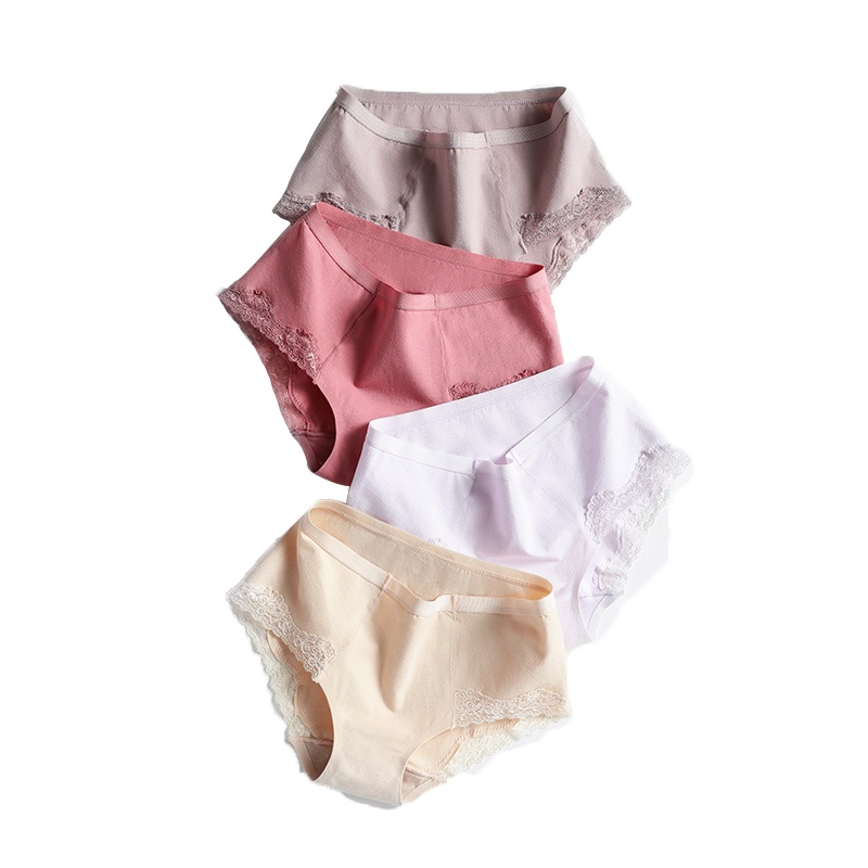 猫人女士4条装内裤女纯棉全棉裆蕾丝性感女式裤头中腰棉质面料三角裤