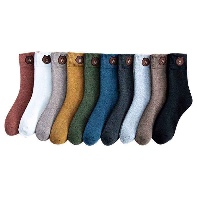 【顺丰配送】【5双】袜子女士中筒袜秋冬加绒加厚毛圈袜毛巾长袜纯色地板袜可爱棕熊棉袜 小熊毛圈女袜GNVW-025-5