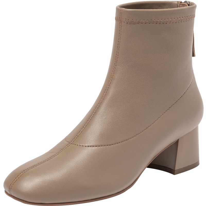 百田森商场同款方跟短靴春季新款羊皮小方头粗跟短靴女