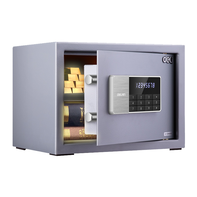 得力deli92619保险柜家用小型迷你保险箱办公指纹密码钥匙防盗保管箱床头柜 灰色/电子密码/钥匙