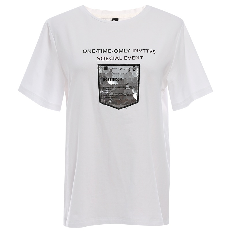 欧昵雪休闲圆领套头字母亮片显瘦纯棉短袖T恤女上衣