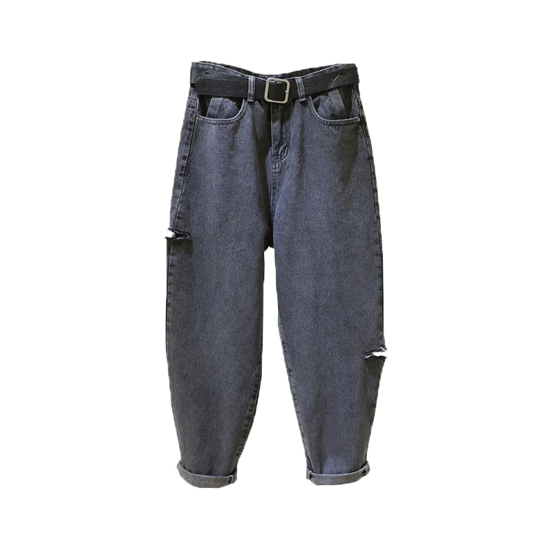 chic港风破洞牛仔裤女2019春季新款韩版宽松老爹裤高腰九分哈伦裤