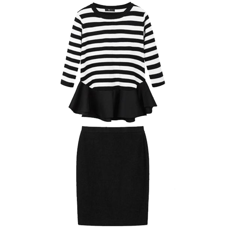 【热卖】【拉夏贝尔日 3折价 149元】韩版7m秋新款时尚休闲条纹荷叶边半身裙黑色针织套装两件套女7000999