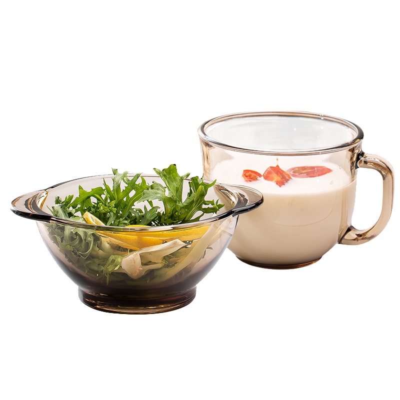 青苹果法式家用玻璃碗2只装 双耳碗水果沙拉碗饭碗欧式汤碗泡面碗餐杯