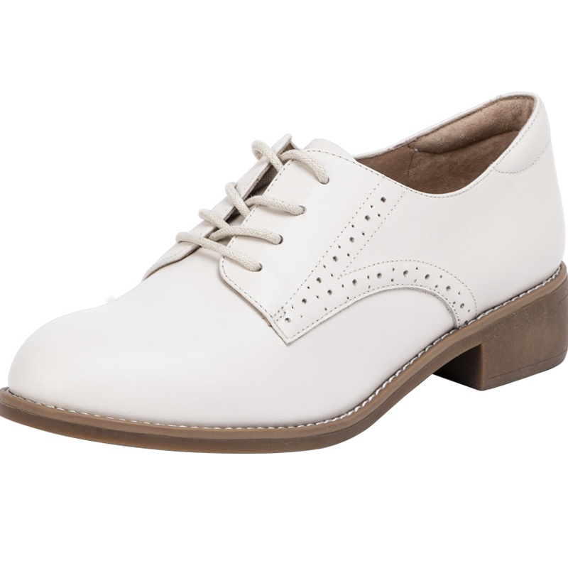 百田森春新款真皮小皮鞋女英伦风女鞋中粗跟百搭时尚通勤单鞋