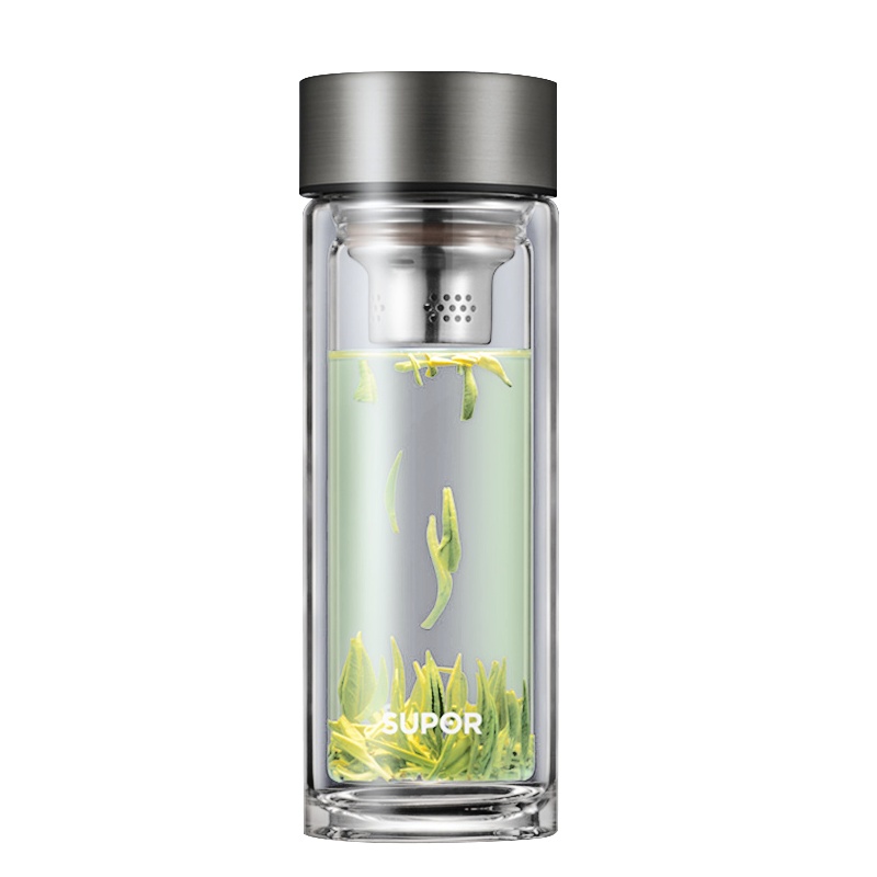 苏泊尔耐热玻璃杯优质304不锈钢茶滤男女士双层透明简约便携随手家用泡茶杯 KC28/33DU10