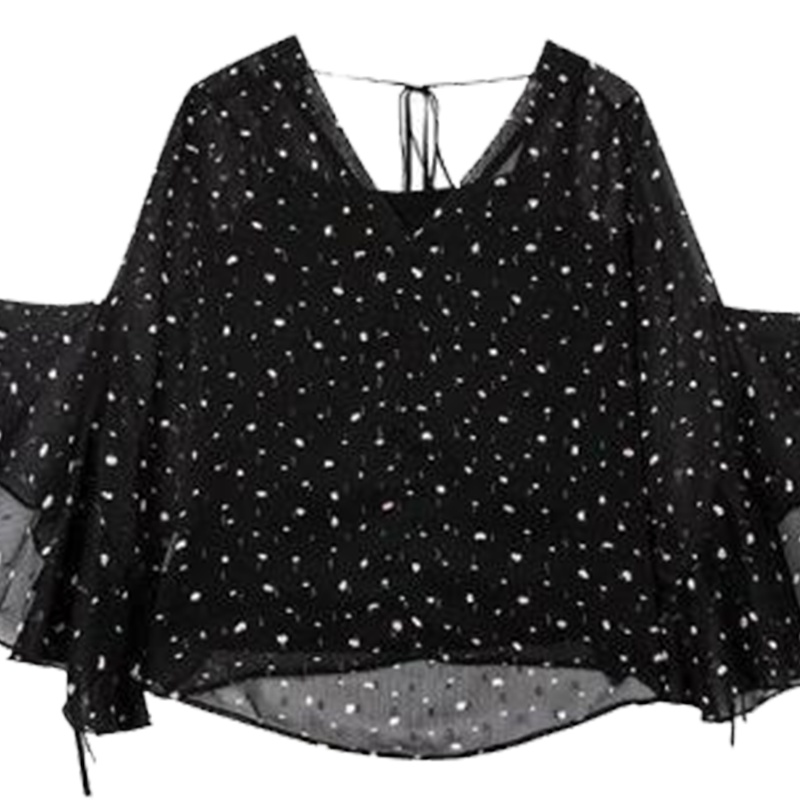 【热卖】拉夏贝尔秋冬新款韩版百搭显瘦休闲喇叭袖圆领衬衫女印花雪纺衬衫10018101