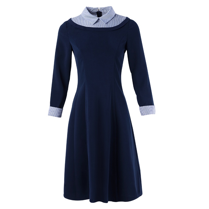 晚白 新品假两件通勤气质衬衫领休闲时尚修身衬衫连衣裙女