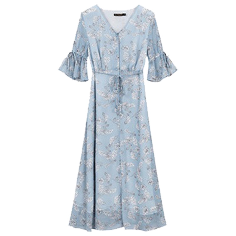 [LT新款]拉夏贝尔雪纺连衣裙仙女名媛气质V领显瘦短袖碎花裙