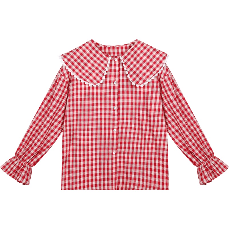 2019新款女装韩版chic小清新木耳边娃娃领衬衣长袖格子衬衫女上衣