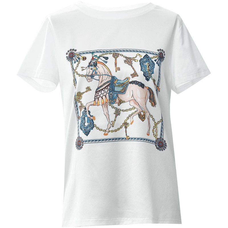 欧昵雪夏季圆领拼接丝滑仿真丝印花短袖T恤女设计感上衣