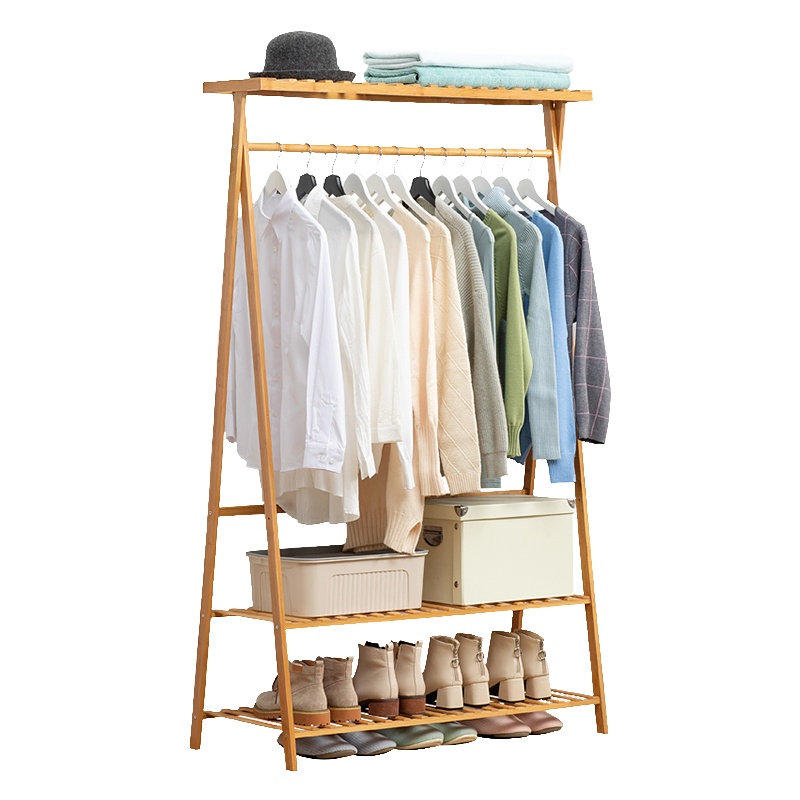 匡大 简约现代衣帽架办公室休息室家用二层置物架实木楠竹挂衣架
