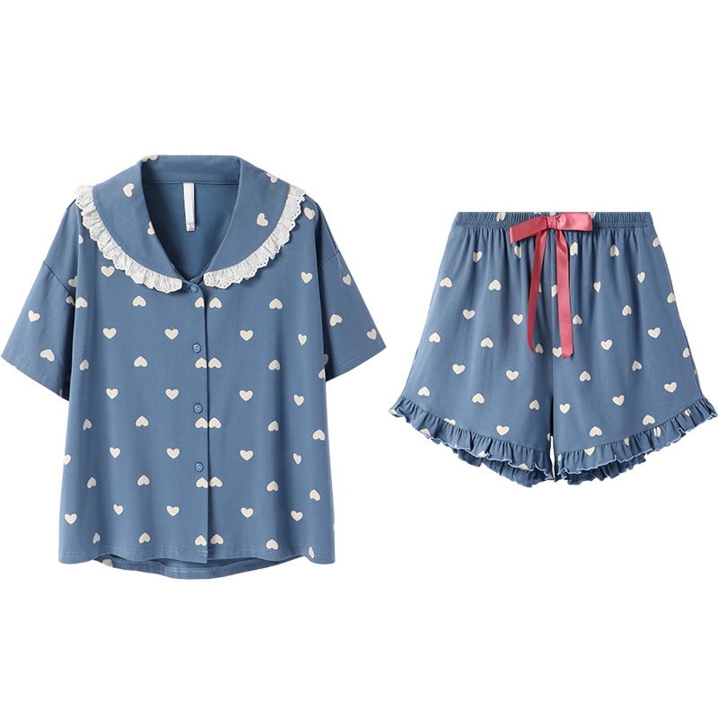 安之伴睡衣女夏季纯棉针织印爱心短袖女套装