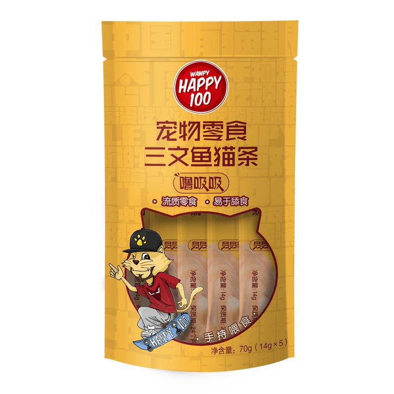 顽皮Happy100宠物零食 噜吸吸三文鱼猫条14g*5包