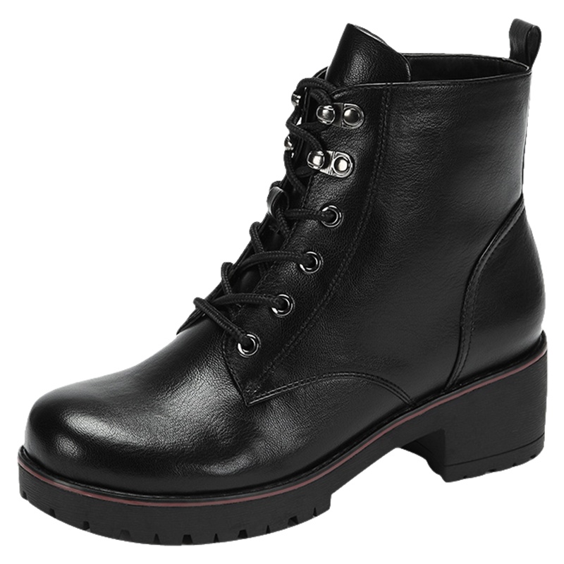 达芙妮冬新款厚底中跟圆头系带短靴女高帮鞋马丁靴