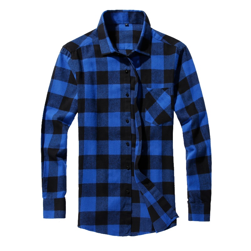 蓝旗(BLUEG)男士纯棉格子衬衫长袖春秋款全棉短袖磨毛外套休闲大码衬衣