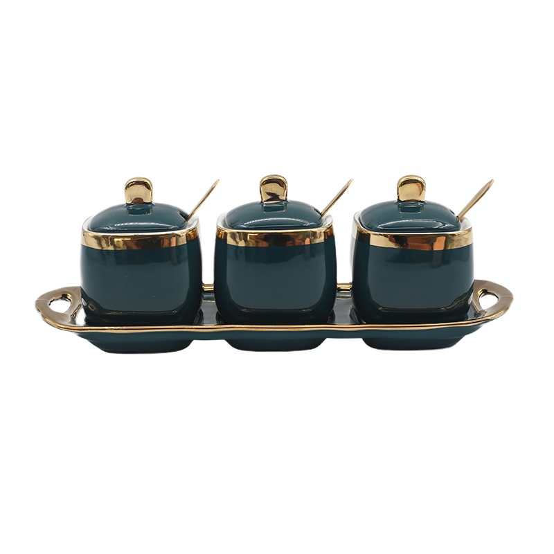 北欧陶瓷家用厨房三件套组合烘焙精灵调料罐盐罐调味盒糖罐轻奢套装调味罐 3个调味罐+提手托盘(绿色)