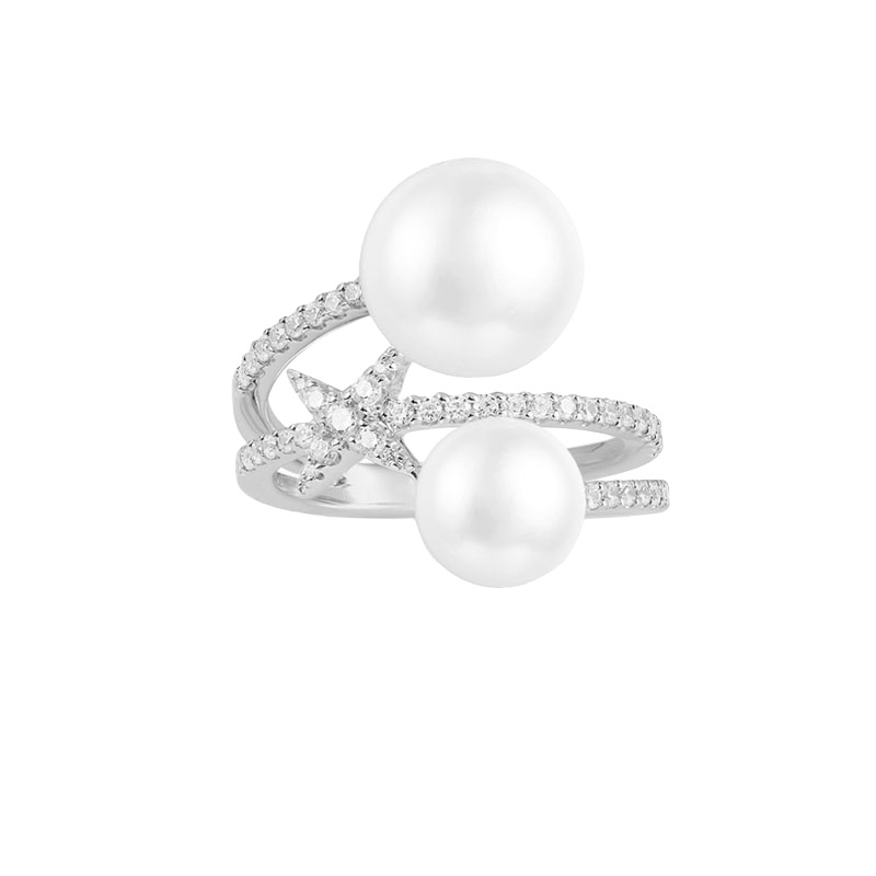 apm MONACO经典四叶草双珍珠925银戒指时尚宴会女士法式首饰奢华贵族食指尾戒A18990XPL