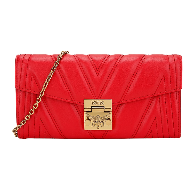 自营 新品 MCM 女士红色皮革长款礼盒装单肩斜挎链条包手拿包钱包 MYL9APA51RU001