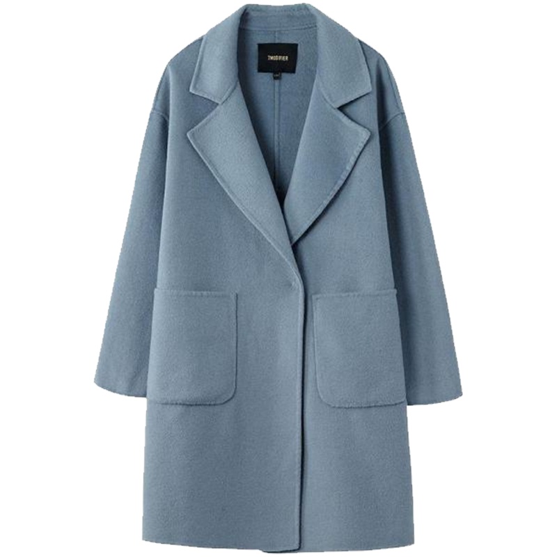 拉夏贝尔韩版高腰纯色双面呢女冬季长袖中长款西装领毛呢大衣70011069