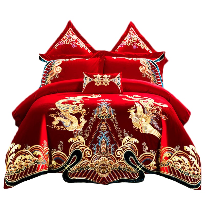 泰念Tainian 60s贡缎大红色婚庆双人四件套六件套结婚床上用品1.8m2.0m婚礼新房床单