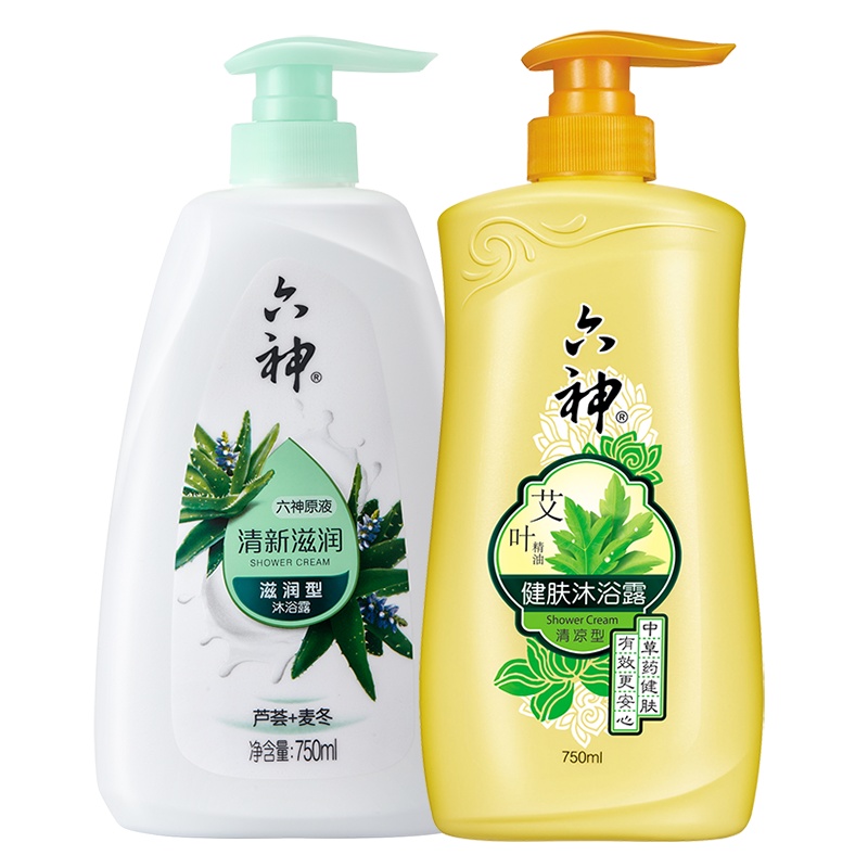六神艾叶健肤沐浴露(清凉型)750ml+清新滋润沐浴露750ml(男士女士沐浴乳液 细腻柔和 补水保湿滋润)